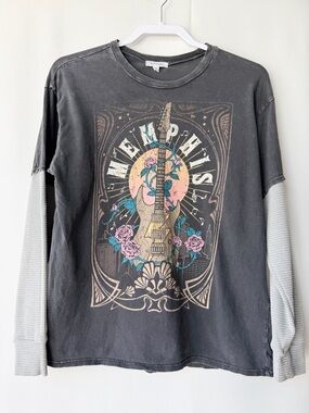 Stitch & Pine Memphis Guitar Graphic Layered Tee XS – Vintage Wash Rock Style
